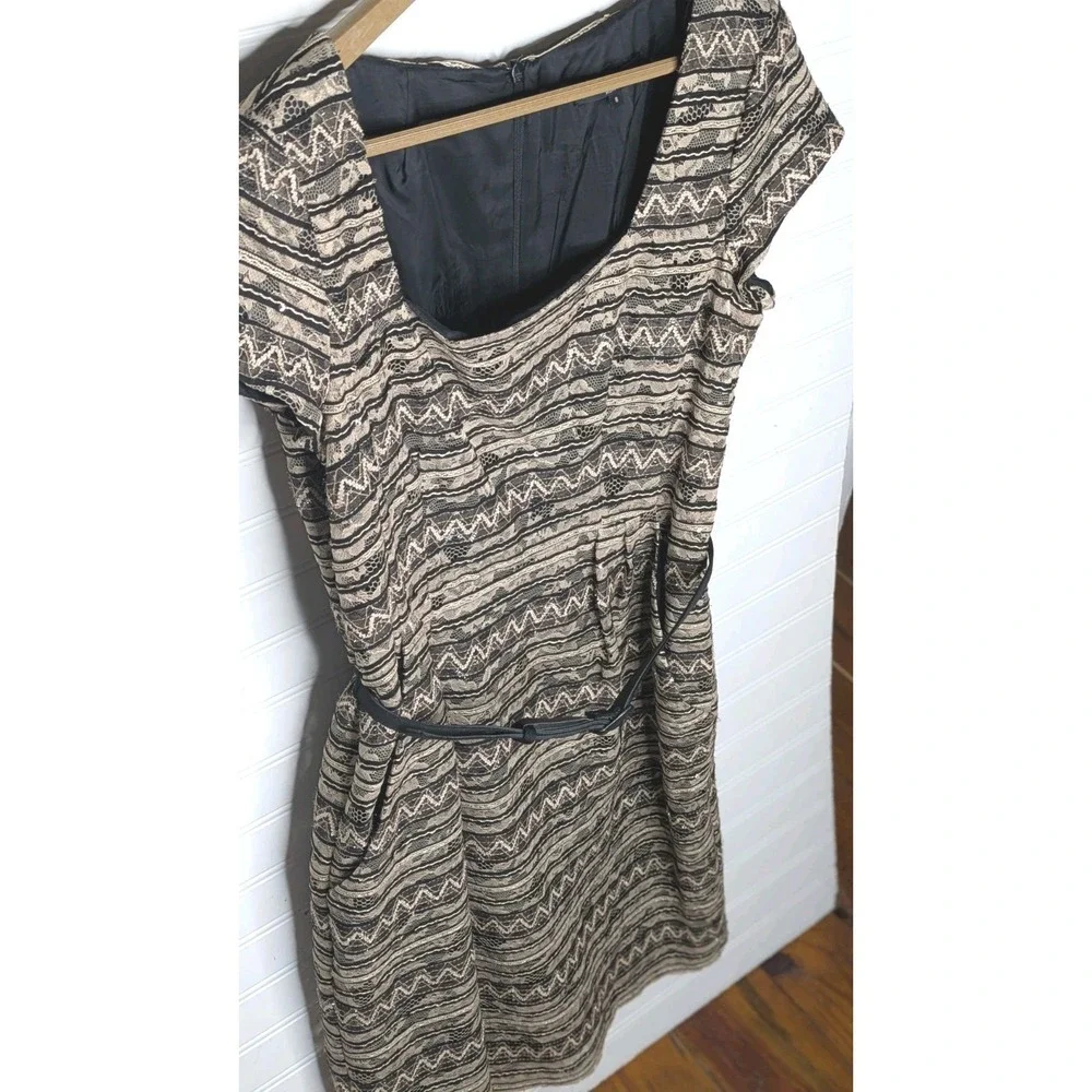Nanette Lepore Womens Cocktail Dress 8 Black Goldish Lace Lined Belted Fit Flare - Picture 3 of 9